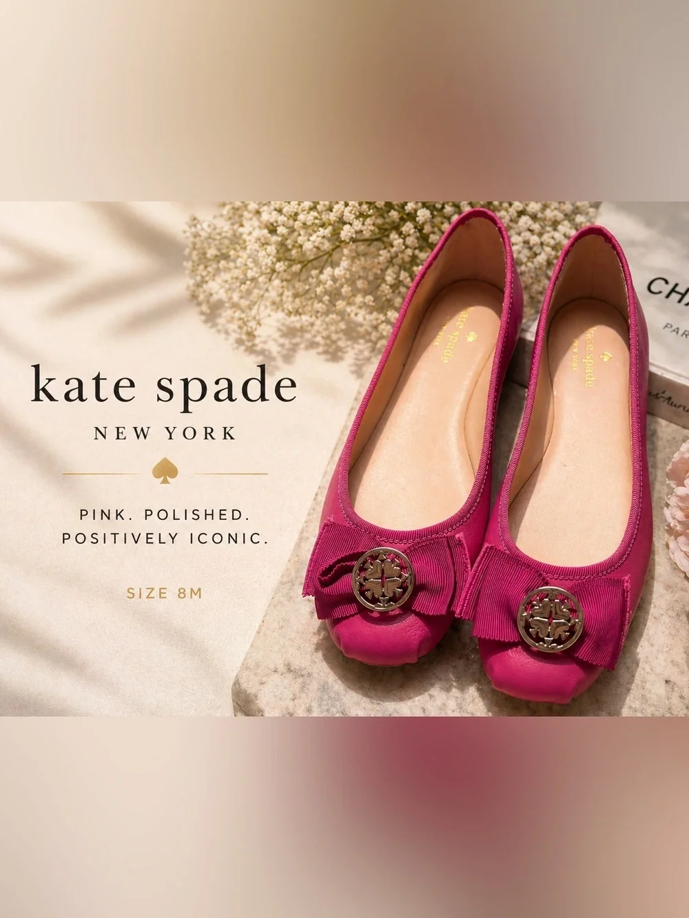 kate spade fuchsia bow ballet flats with logo medallion